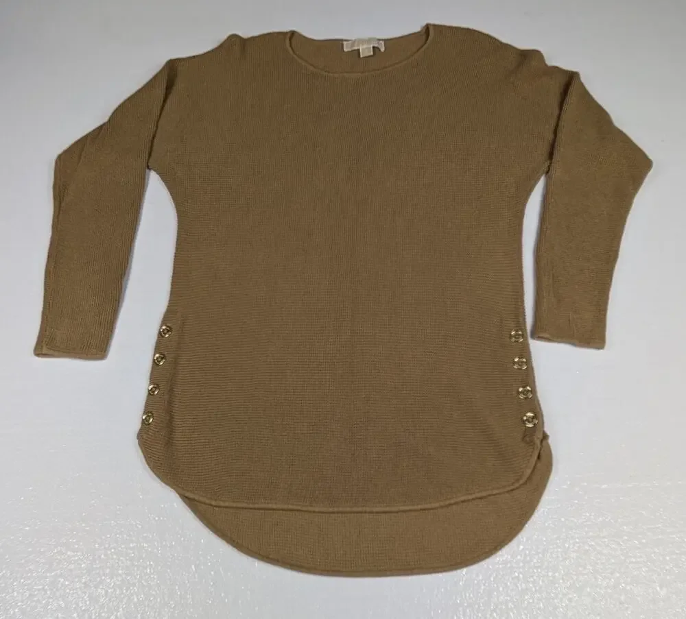 Michael Kors Sweater Womens Small Brown Long Sleeve Knit Tunic Scoop Neck Gold